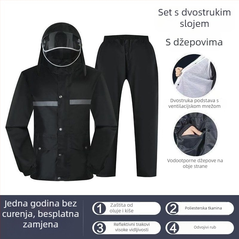 Split tip kabanica i hlače za kišu, svestran dizajn; Tkanina: Chunya spinning; Debljina tkanine: 23 mm; Vodootporni sloj: PVC ljepilo; Ispis logotipa: moguć