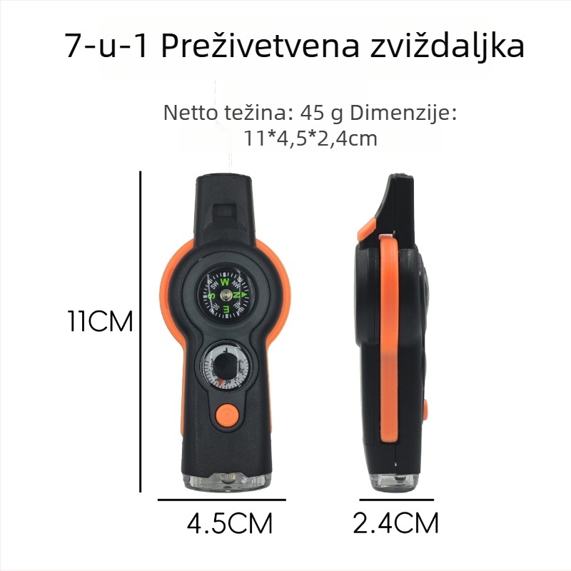 Sedam u jednoj: LED svjetlo, kompas, zviždaljka i termometar za kampiranje