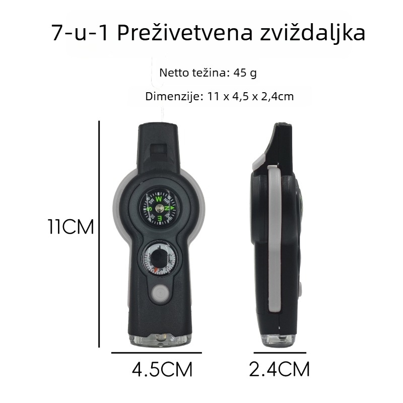 Sedam u jednoj: LED svjetlo, kompas, zviždaljka i termometar za kampiranje