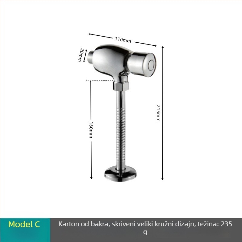 Pedalni splak ventil, bakrena legura, površinska/skrivena ugradnja, izlaz 1 inč, tlak vode 0,1–0,6 MPa, vrijeme ispiranja 3–6 s