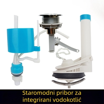 Set dodatne opreme za staru jednosjednu WC školjku: sjedalo, cisterna s gumbom na vrhu, bočna i prednja poluga, bočni dovodni ventil i odvodni ventil