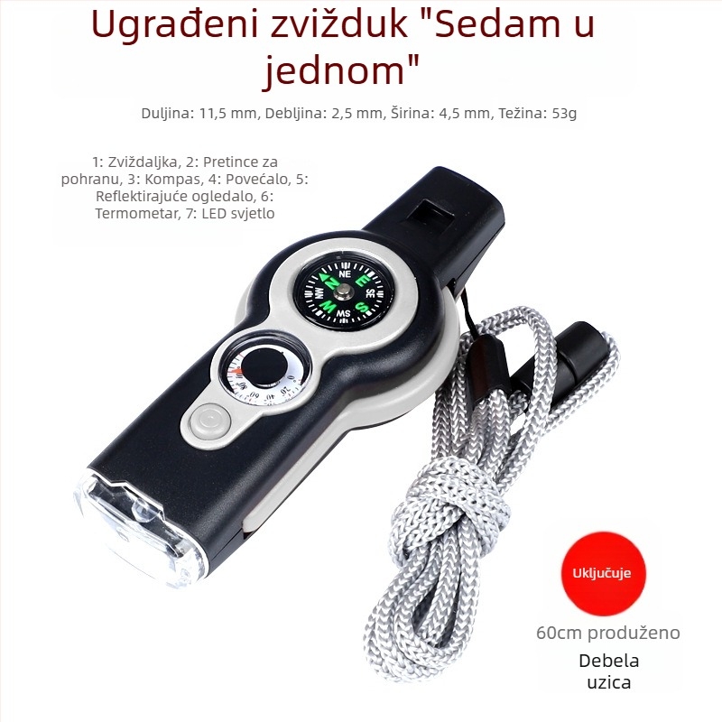 Vanjska zviždaljka s 7-u-1 funkcija, LED svjetlo, termometar i kompas za preživljavanje