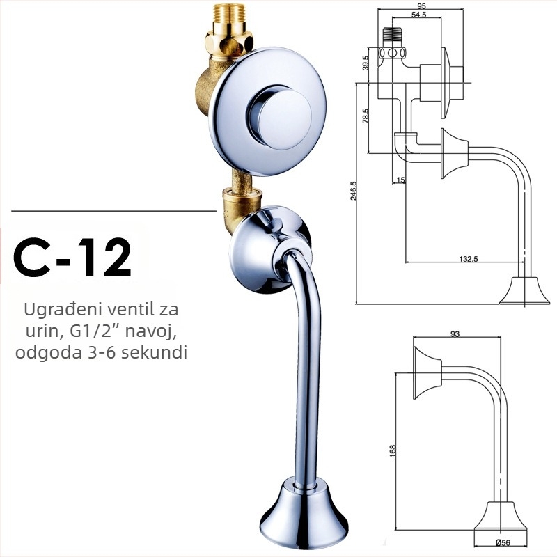 Ugrađeni bakreni sklopni ventil za urinare AC-C-12, 0.6 MPa, 3–6 s, izlaz 20 mm