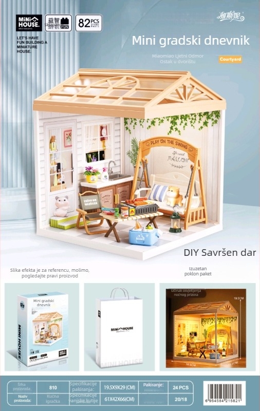 3D slagalica za sastavljanje – DIY mini kućica model sa scenom mačjeg kafića i pekare, plastična konstrukcija, za uzrast 14+