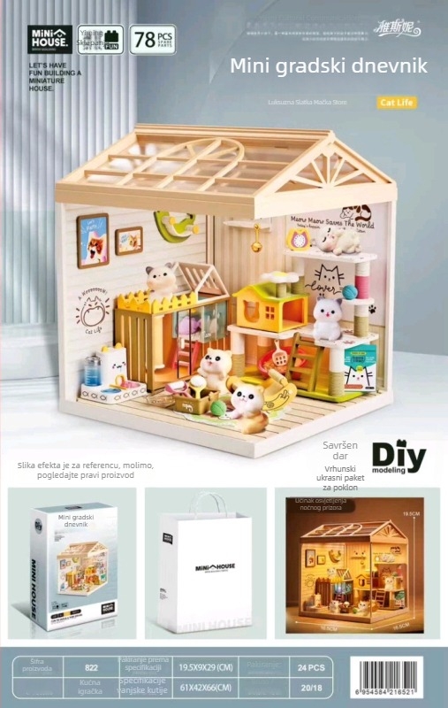 3D slagalica za sastavljanje – DIY mini kućica model sa scenom mačjeg kafića i pekare, plastična konstrukcija, za uzrast 14+