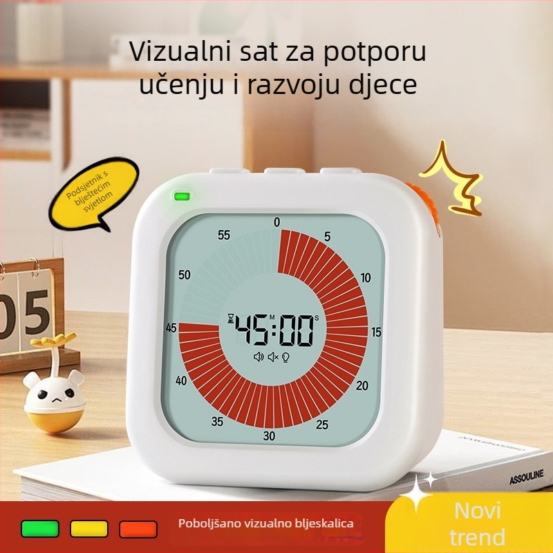 Vizualni vremenski tajmer za učenje s alarmom — pogodan za učenje, fitness i kuhinju (LCD zaslon, elektronički mehanizam, plastično kućište, kvadratni oblik, napajanje baterijama)