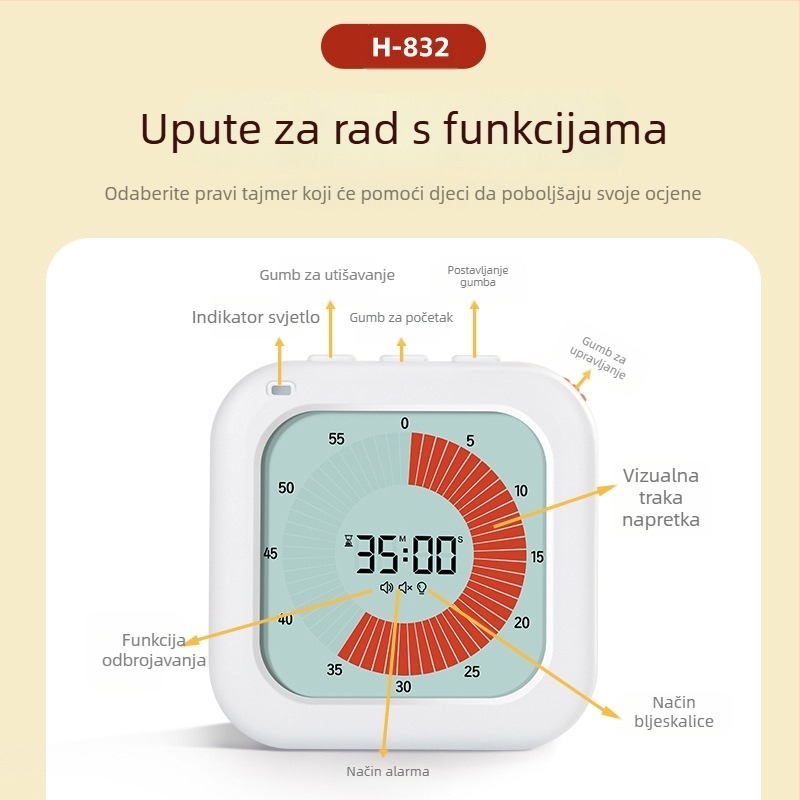 Vizualni vremenski tajmer za učenje s alarmom — pogodan za učenje, fitness i kuhinju (LCD zaslon, elektronički mehanizam, plastično kućište, kvadratni oblik, napajanje baterijama)