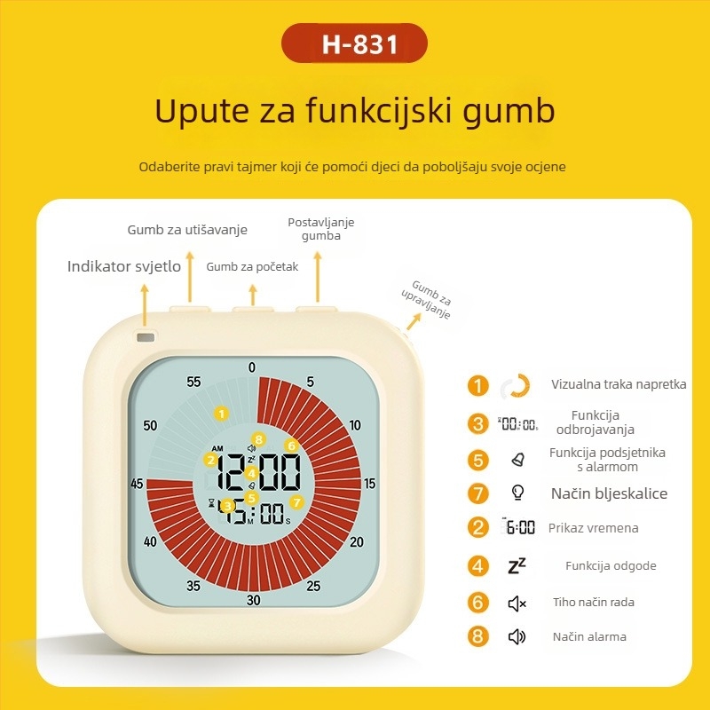 Vizualni vremenski tajmer za učenje s alarmom — pogodan za učenje, fitness i kuhinju (LCD zaslon, elektronički mehanizam, plastično kućište, kvadratni oblik, napajanje baterijama)