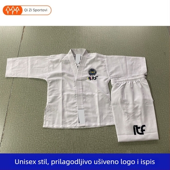 Taekwondo top s izšivkom na prednjoj strani prsa i otiskom na leđima; tkanina od mješavine konoplje; 20% acetat vlakana; podstava 20% elastana