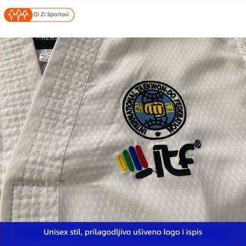 Taekwondo top s izšivkom na prednjoj strani prsa i otiskom na leđima; tkanina od mješavine konoplje; 20% acetat vlakana; podstava 20% elastana
