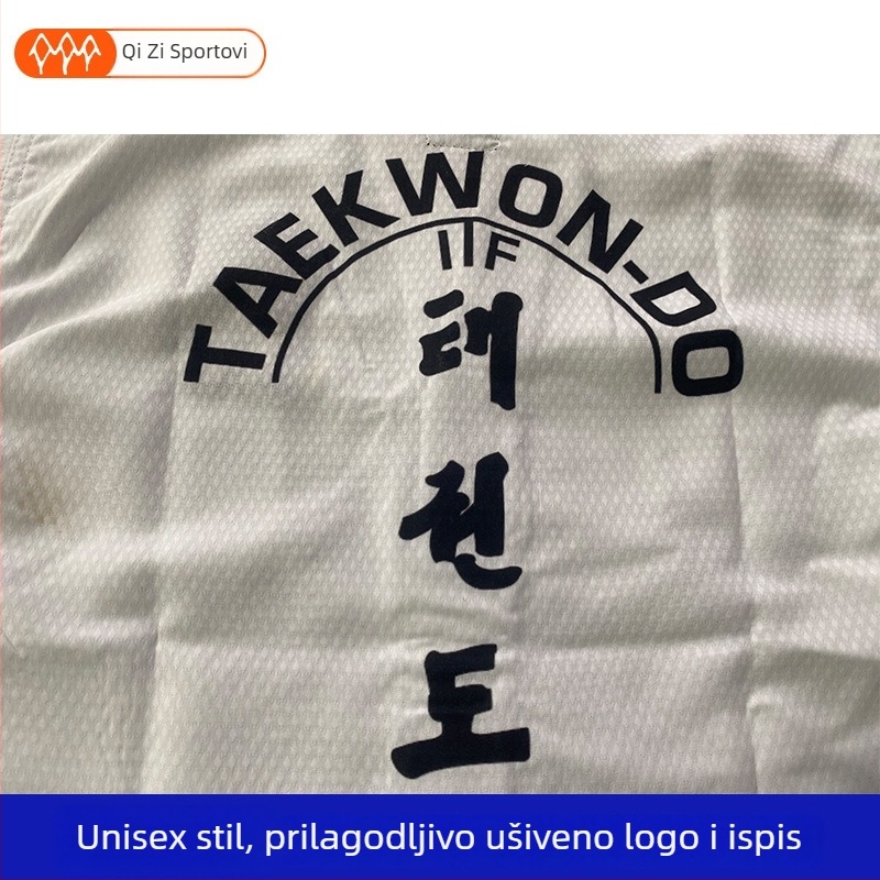 Taekwondo top s izšivkom na prednjoj strani prsa i otiskom na leđima; tkanina od mješavine konoplje; 20% acetat vlakana; podstava 20% elastana