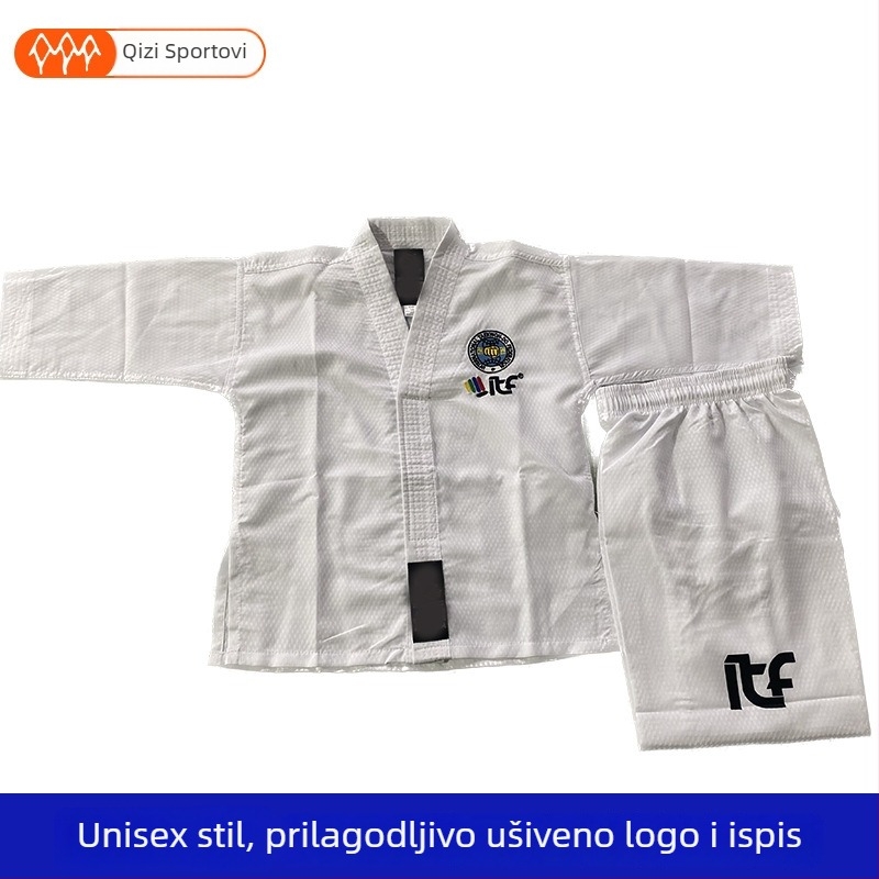 Taekwondo top s izšivkom na prednjoj strani prsa i otiskom na leđima; tkanina od mješavine konoplje; 20% acetat vlakana; podstava 20% elastana