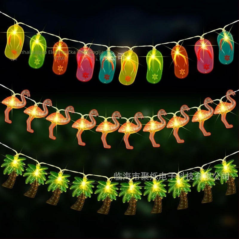 LED niz za plažu dekor s oblicima palme, kokosove palme i flaminga; 10/20 LED; IP43; 3000K; baterijsko napajanje; ručni prekidač