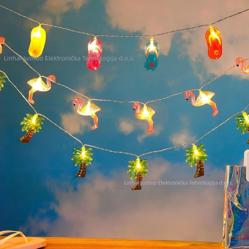 LED niz za plažu dekor s oblicima palme, kokosove palme i flaminga; 10/20 LED; IP43; 3000K; baterijsko napajanje; ručni prekidač