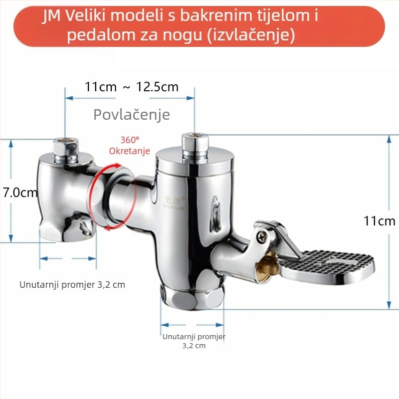 Horizontalni pedalni ventil za ispiranje, kućno od mjedi, za WC, tlak vode 0,2–0,8 MPa, vrijeme ispiranja 3–6 s, izlaz 1 inč