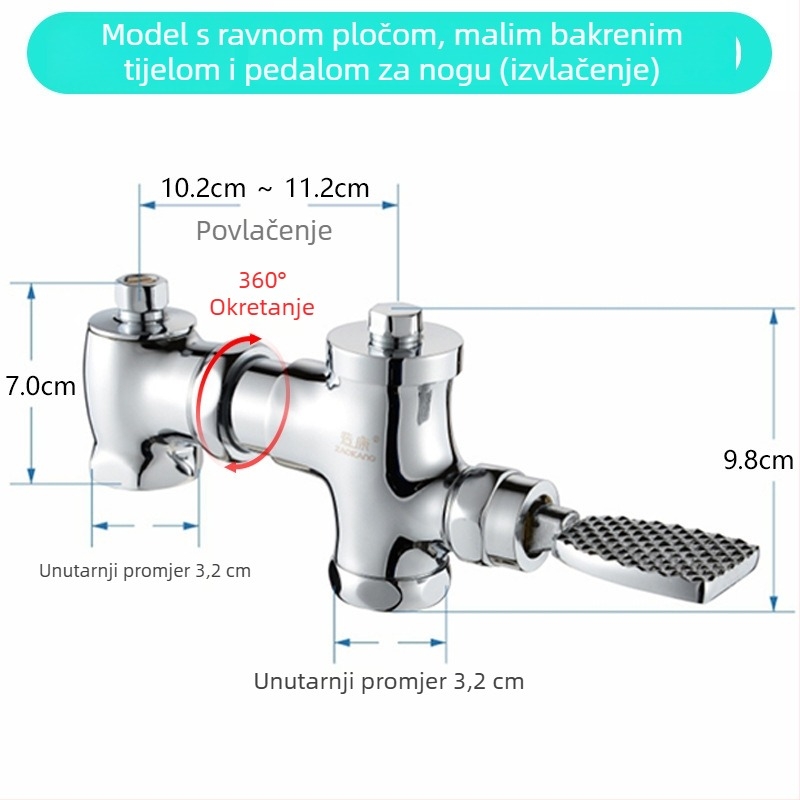 Horizontalni pedalni ventil za ispiranje, kućno od mjedi, za WC, tlak vode 0,2–0,8 MPa, vrijeme ispiranja 3–6 s, izlaz 1 inč