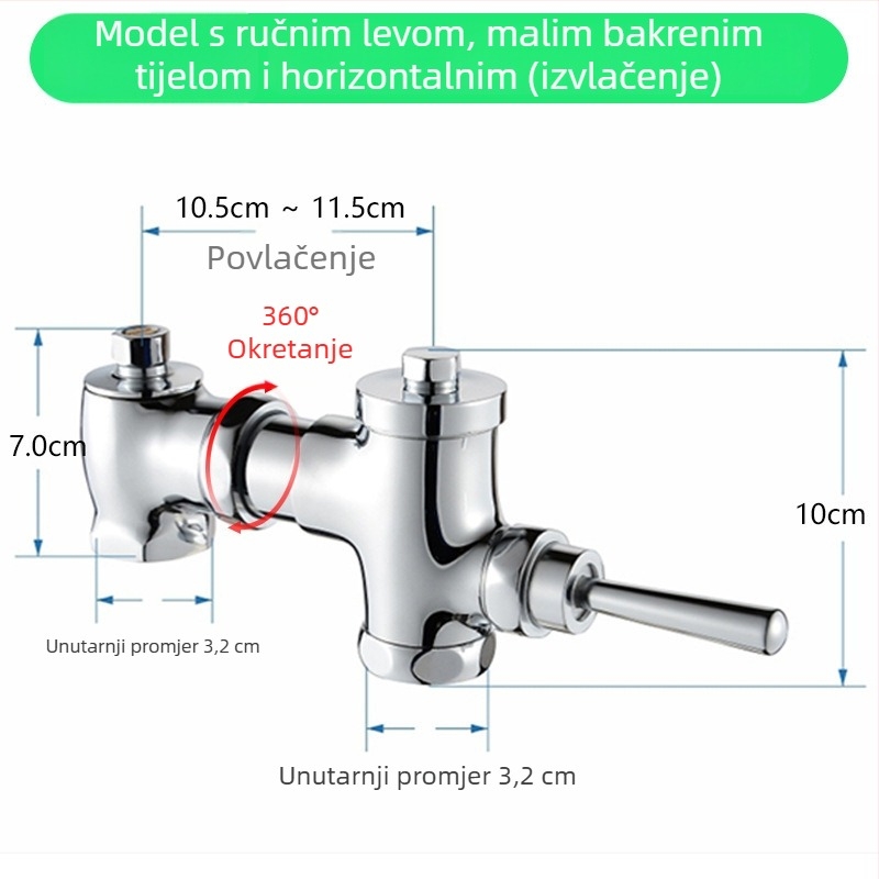 Horizontalni pedalni ventil za ispiranje, kućno od mjedi, za WC, tlak vode 0,2–0,8 MPa, vrijeme ispiranja 3–6 s, izlaz 1 inč