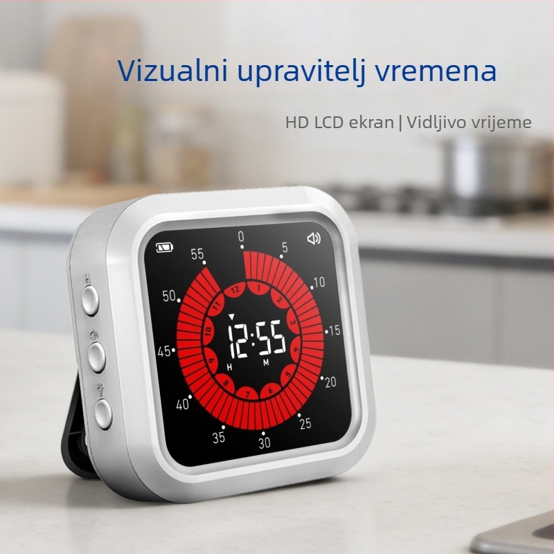 Vizualni tajmer za učenike i djecu – elektronički timer s LCD zaslonom, kvadratno plastično kućište, napajanje baterijom, kronograf