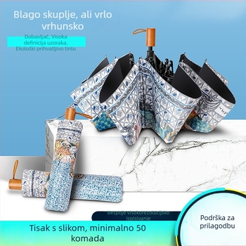 Prilagođena digitalno otisnuta trostruko sklopiva kišobranska s drvenom ručkom, vinilnom navlakom, 8 šipki od vlaknastog materijala, čelična os, ručno otvaranje i zatvaranje