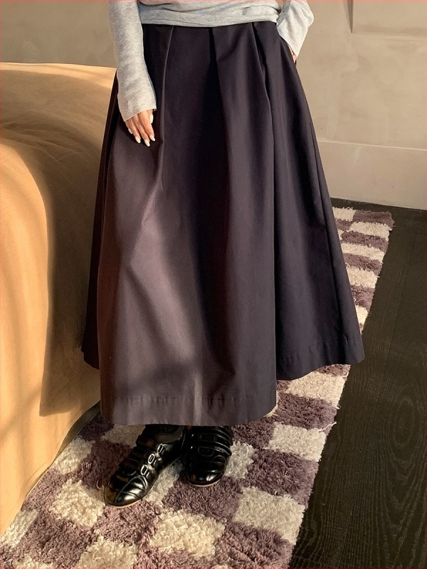 Suknja u obliku kišobrana, srednja duljina, visoki struk, elegantan korejsko-japanski ležerni stil, tkanina obrađena toplinskom obradom