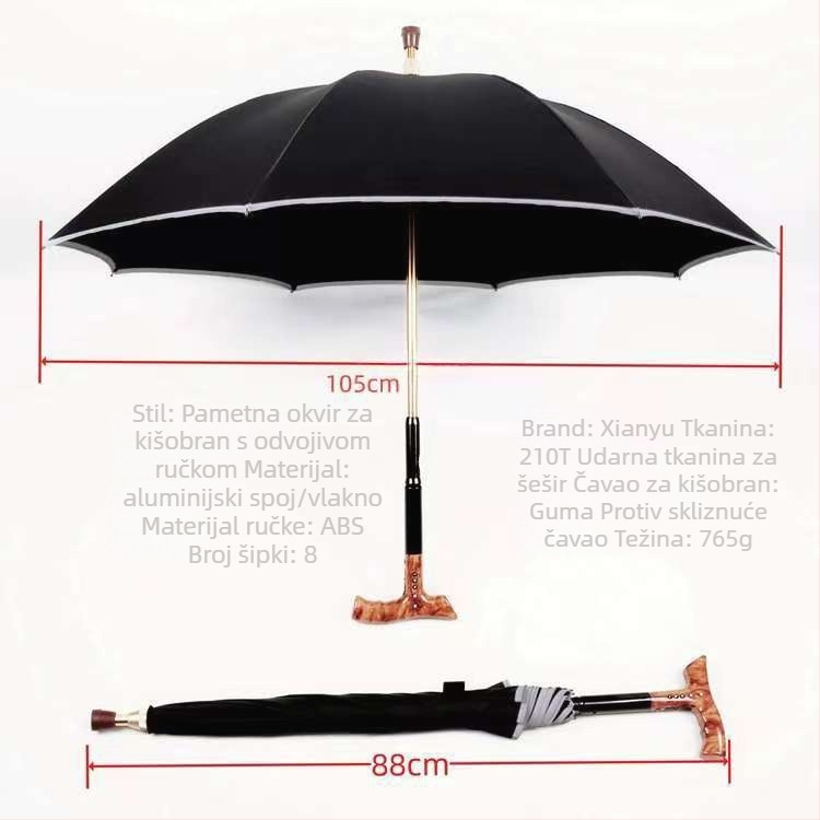 Odvojivi kišobran-stap za odrasle, dizajn u stilu palica, čelični okvir s 8 rebara, Impact Cloth platno, ručno otvaranje i zatvaranje