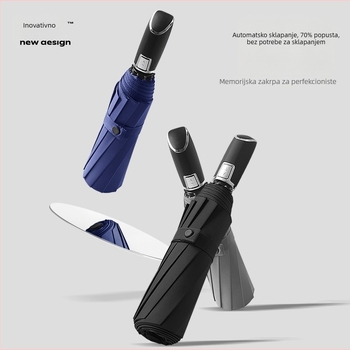 Prilagođeni reklamni kišobran s 10 rebara, automatsko otvaranje i zatvaranje, tkanina od najlona 210T, aluminijski štap i ručka, otisak logotipa