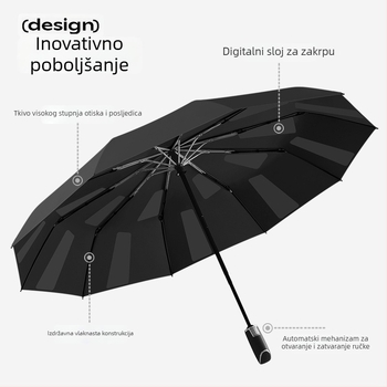Prilagođeni reklamni kišobran s 10 rebara, automatsko otvaranje i zatvaranje, tkanina od najlona 210T, aluminijski štap i ručka, otisak logotipa