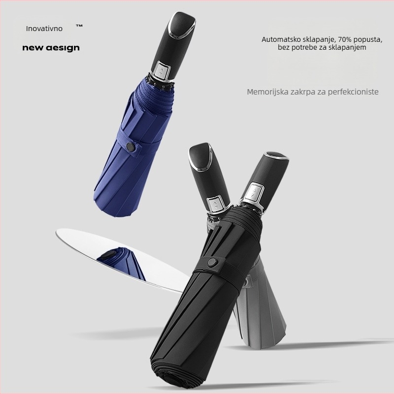 Prilagođeni reklamni kišobran s 10 rebara, automatsko otvaranje i zatvaranje, tkanina od najlona 210T, aluminijski štap i ručka, otisak logotipa