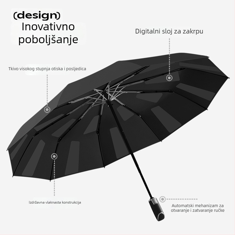 Prilagođeni reklamni kišobran s 10 rebara, automatsko otvaranje i zatvaranje, tkanina od najlona 210T, aluminijski štap i ručka, otisak logotipa