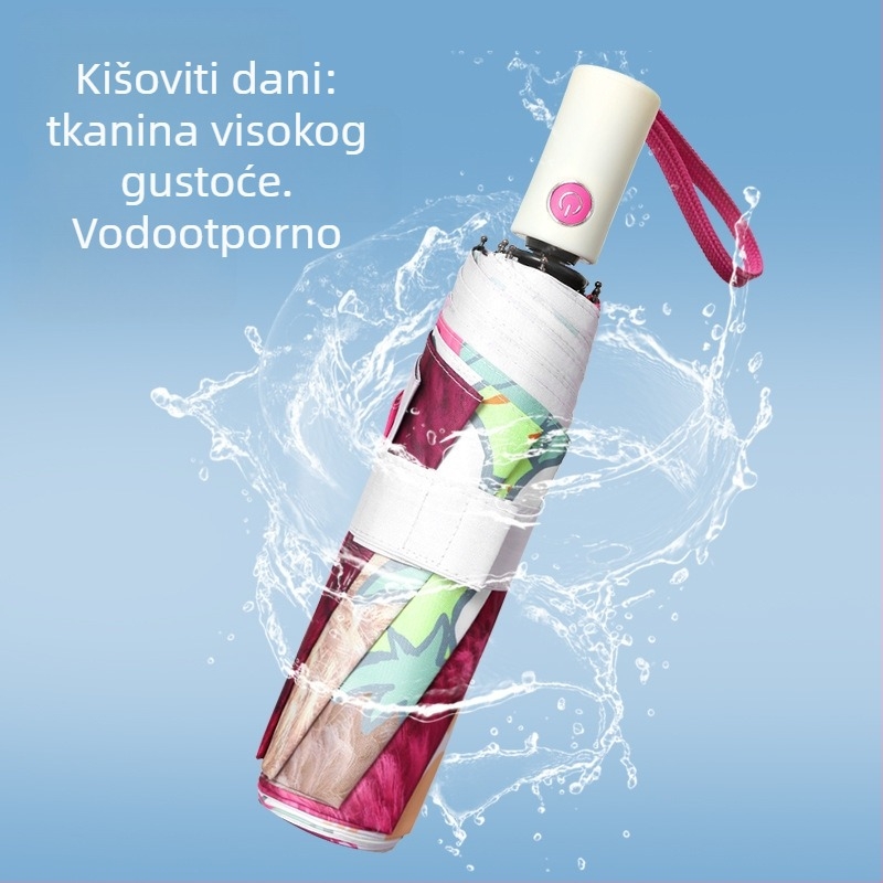 Tri-sklopiva kišobran s UV zaštitom, okvir od vlakana s 8 rebara, čelični štap, gumeni držač, automatsko otvaranje