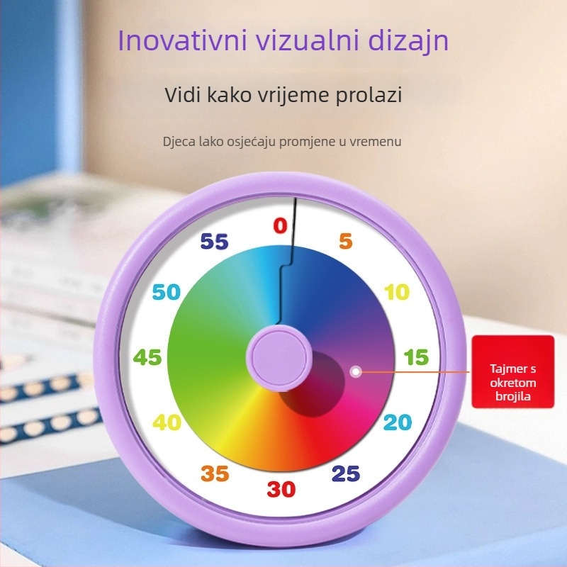 Kružni vizualni mjerač vremena s elektroničkim pogonom, baterijsko napajanje, plastično kućište, pokazivač + brojčani prikaz; pogodan za dnevni boravak, spavaću sobu i studij kao kuhinjski mjerač vremena.