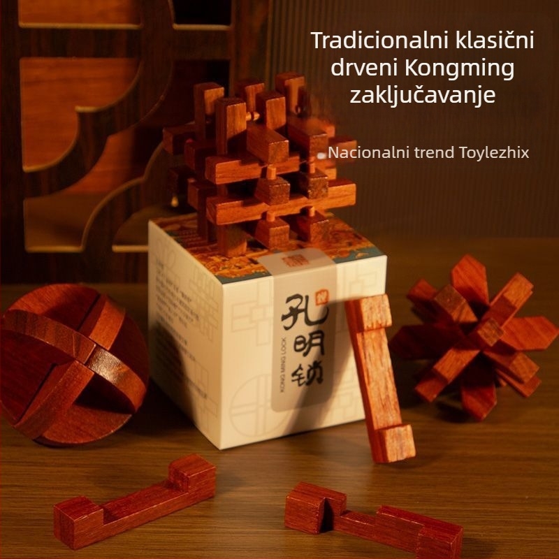 Drvena Kong Ming logička slagalica – mortise and tenon mehanizam, za uzrast 7–14 godina, u kutiji za poklon