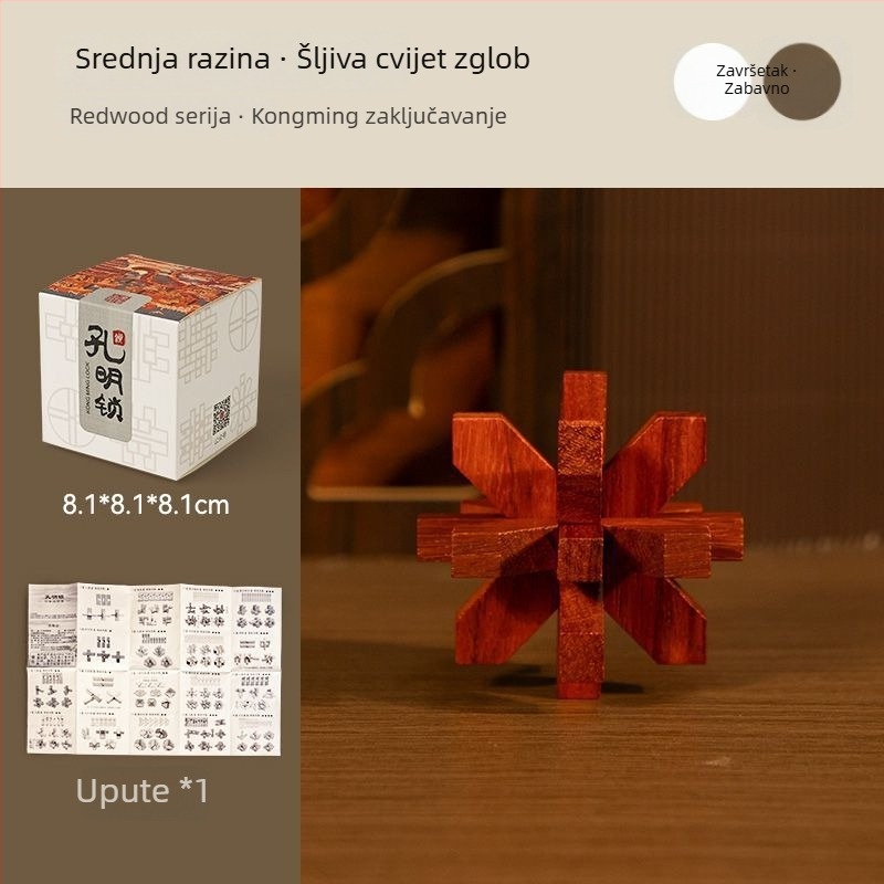 Drvena Kong Ming logička slagalica – mortise and tenon mehanizam, za uzrast 7–14 godina, u kutiji za poklon