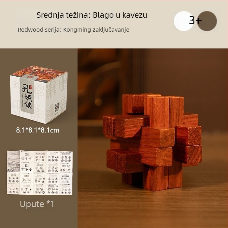 Drvena Kong Ming logička slagalica – mortise and tenon mehanizam, za uzrast 7–14 godina, u kutiji za poklon