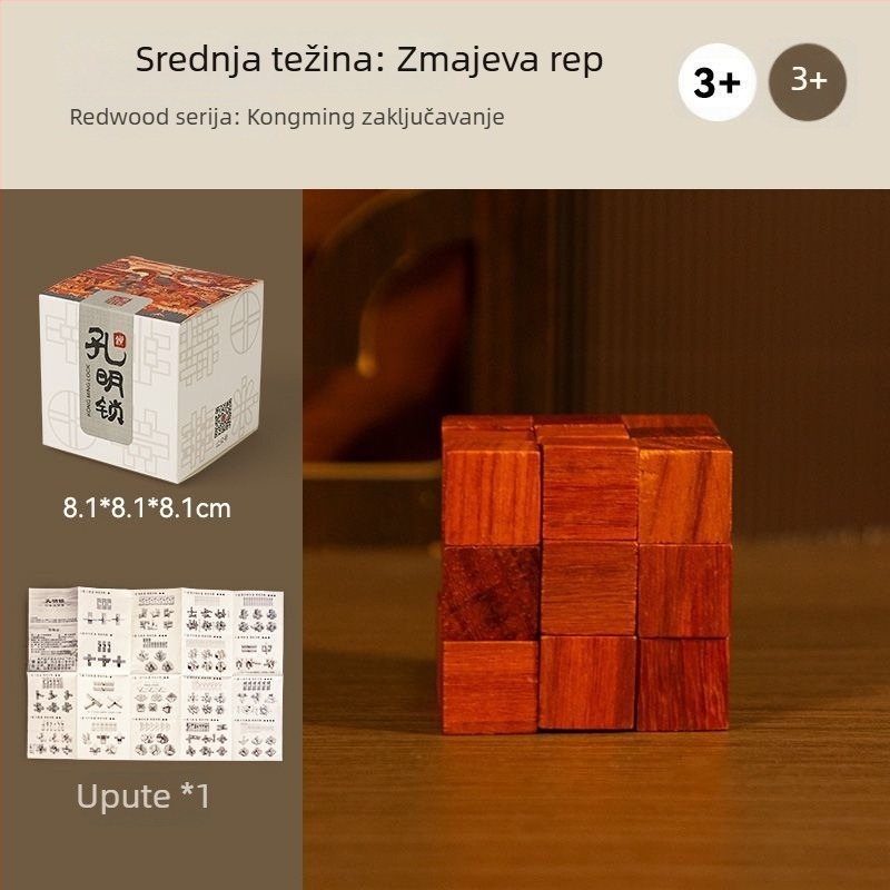 Drvena Kong Ming logička slagalica – mortise and tenon mehanizam, za uzrast 7–14 godina, u kutiji za poklon