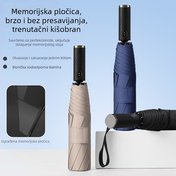Visokokvalitetni potpuno automatski poslovni kišobran s memorijskim patchom; kišobran za kišu i sunce; tisk logotipa dostupan; 8 rebara; krova: Impact tkanina; drška: plastika; čelični okvir; UPF 30+