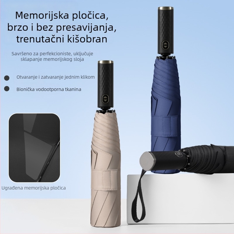 Visokokvalitetni potpuno automatski poslovni kišobran s memorijskim patchom; kišobran za kišu i sunce; tisk logotipa dostupan; 8 rebara; krova: Impact tkanina; drška: plastika; čelični okvir; UPF 30+