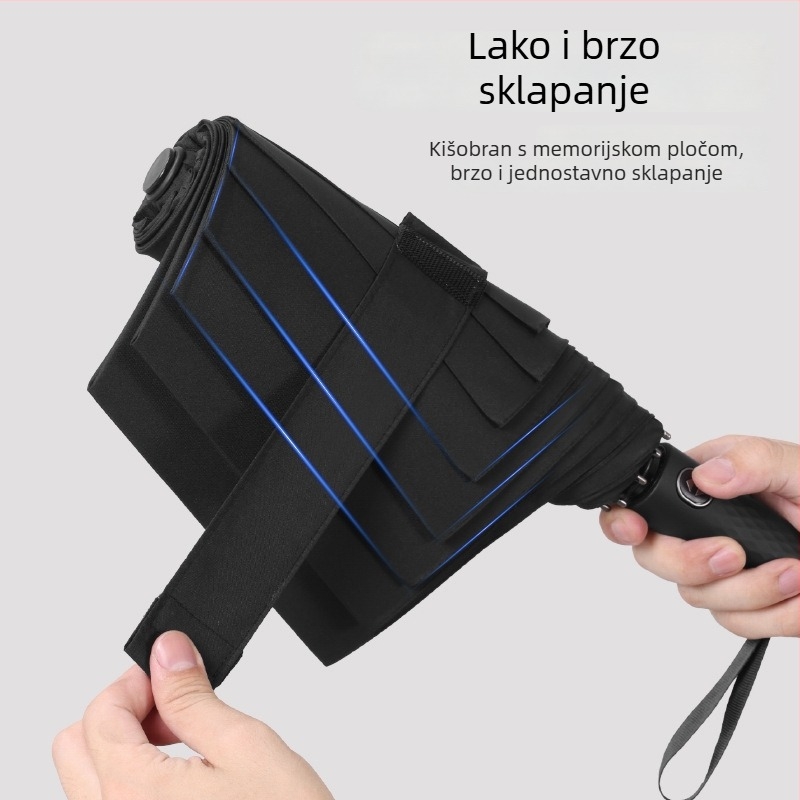 Visokokvalitetni potpuno automatski poslovni kišobran s memorijskim patchom; kišobran za kišu i sunce; tisk logotipa dostupan; 8 rebara; krova: Impact tkanina; drška: plastika; čelični okvir; UPF 30+