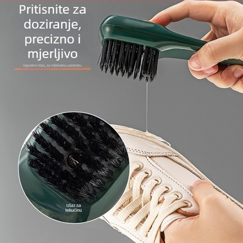 Četka za cipele s doziranjem tekućine, pritiskom aktivirana, mekane dlačice, plastična konstrukcija, kućna uporaba