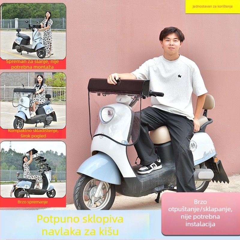 Otklonjivi kišni nadstrešak i suncobran za električna bicikla i motocikle; potpuno sklopiv; otporan na vjetar i UV zaštitu