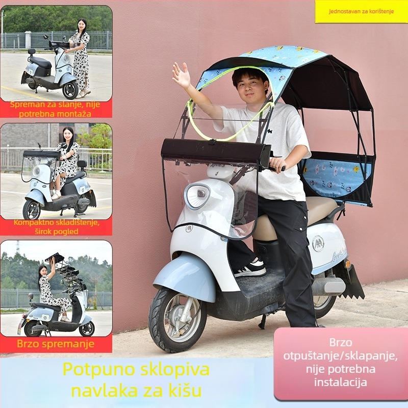Otklonjivi kišni nadstrešak i suncobran za električna bicikla i motocikle; potpuno sklopiv; otporan na vjetar i UV zaštitu