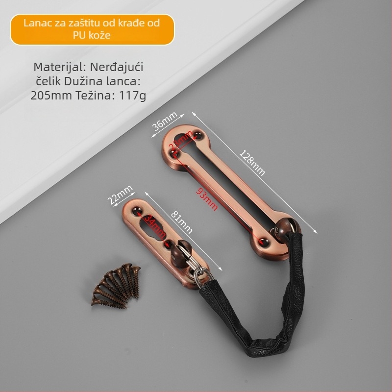 Lanac protiv krađe za vrata – Type A brava, materijal: nehrđajući čelik / PU koža, površinska obrada elektroplating / poliranje, moderan minimalistički stil
