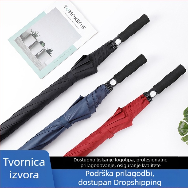 Poslovni golf kišobran, potpuno automatski, duga ravna drška za dvije osobe, kišobran s otiskom logotipa