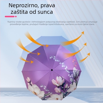 Ženski sklopivi kišobran za kišu i sunce s UV zaštitom UPF 50+, automatsko otvaranje i zatvaranje, 8 rebara, vinilni pokrov