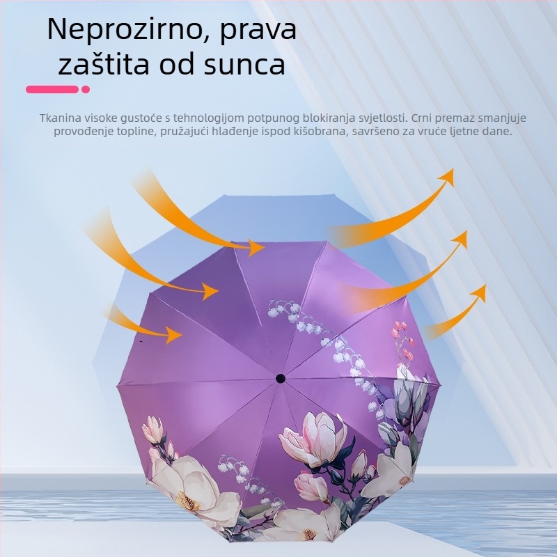 Ženski sklopivi kišobran za kišu i sunce s UV zaštitom UPF 50+, automatsko otvaranje i zatvaranje, 8 rebara, vinilni pokrov