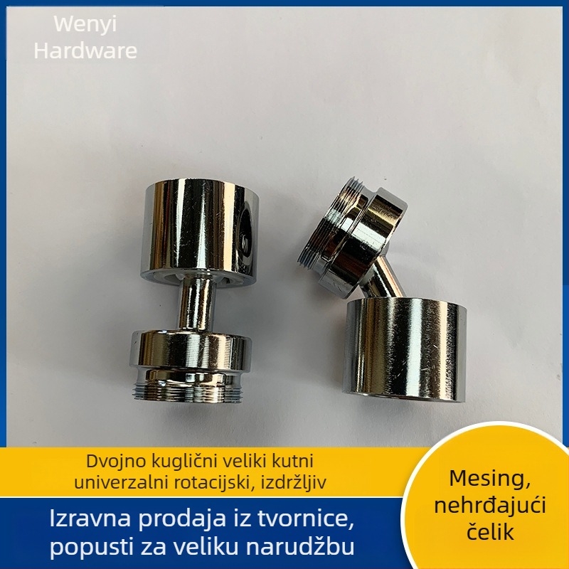 Slavina s univerzalnim rotacijskim spojem, pokretna ruka, mlaznica protiv prskanja, dvostruki izlaz vode — materijali: mesing, nehrđajući čelik, cink legura, ABS.