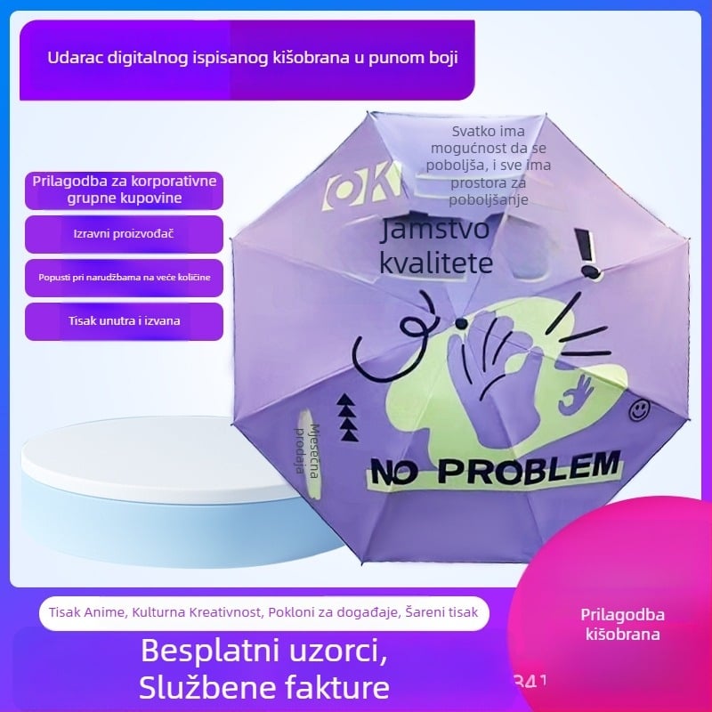 Reklamni sklopivi kišobran s tiskom logotipa, prilagodljiv; 8 rebara od željeza; ručno otvaranje i zatvaranje; tkanina 190T s vinilnim premazom; plastična drška