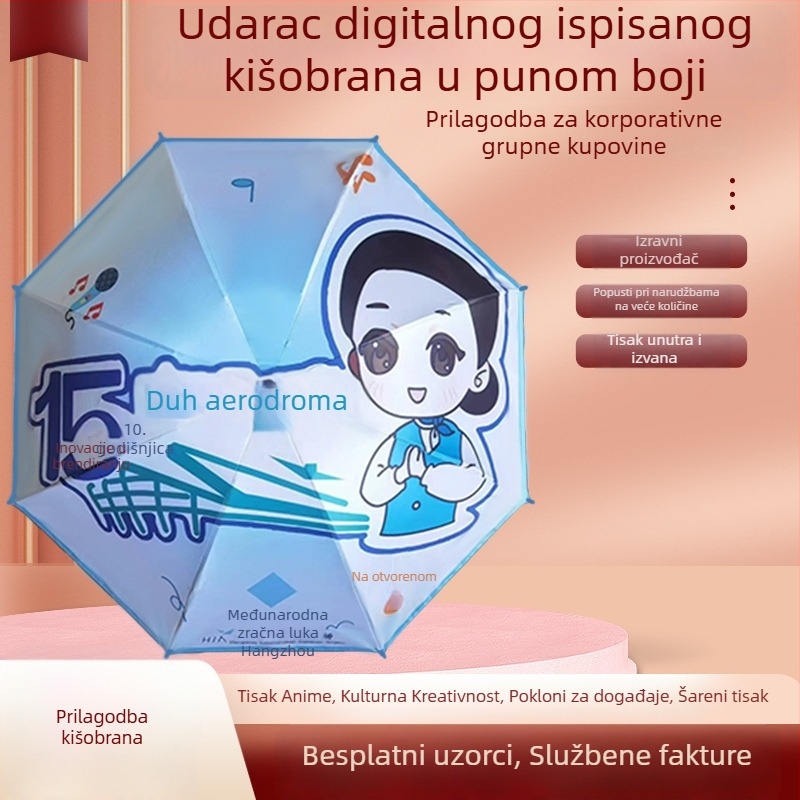 Reklamni sklopivi kišobran s tiskom logotipa, prilagodljiv; 8 rebara od željeza; ručno otvaranje i zatvaranje; tkanina 190T s vinilnim premazom; plastična drška