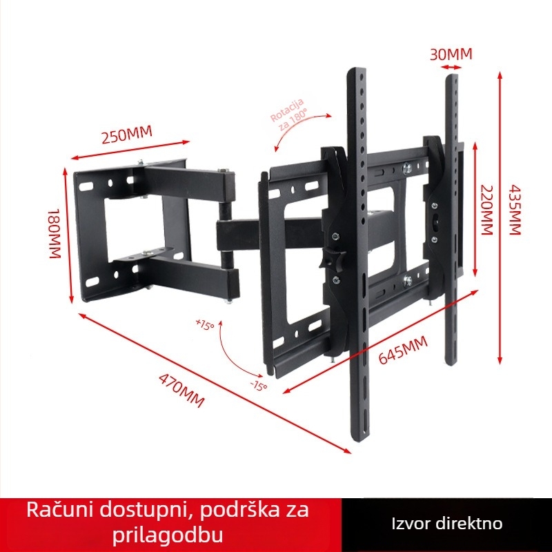 Zidni nosač za TV s teleskopskim dvostrukim ramenima, univerzalan za ploske zaslone, od hladno valjanog čelika