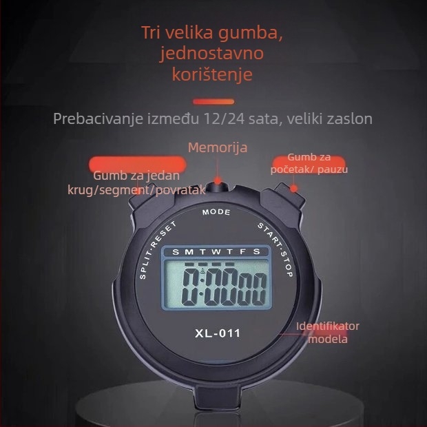 Elektroničke štoperice s kronografom, LED zaslon, napajanje baterijom, okruglo plastično kućište